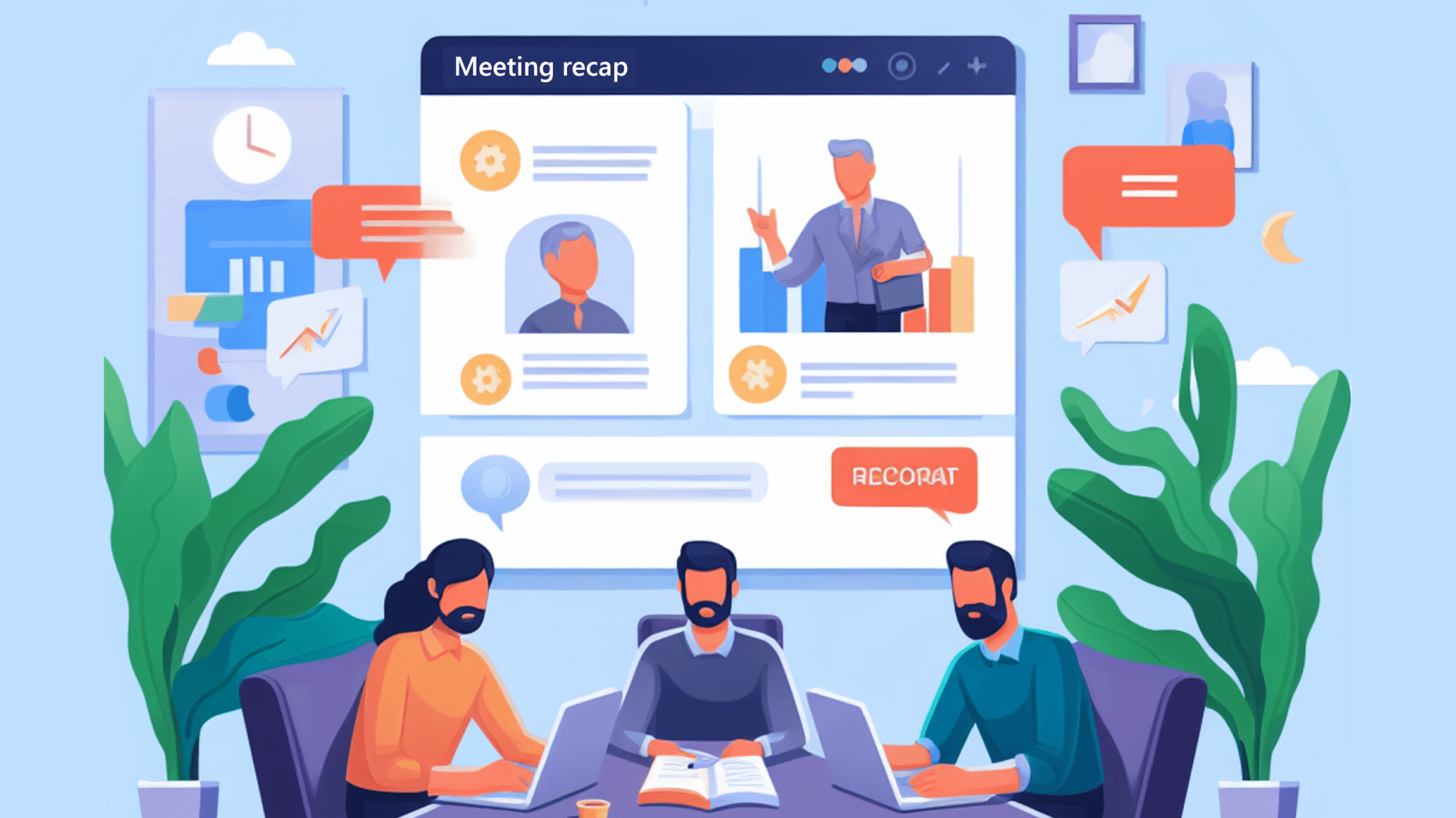Microsoft Teams 网页与会议交互界面，音视频共享控制